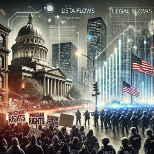 A fictional representation of a constitutional conflict in the United States, showing protesters advocating for immigrant rights facing off against heavily armed federal agents in an urban setting, symbolizing the tension between federal power and state resistance.