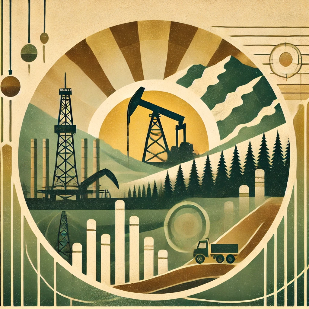 An abstract representation of land management and energy policy, featuring a balanced depiction of industrial structures like oil rigs alongside natural landscapes of mountains and forests. A symbolic rising sun in the background signifies new beginnings and transformation, with muted earth tones and accents of green and gold symbolizing conservation and energy development.