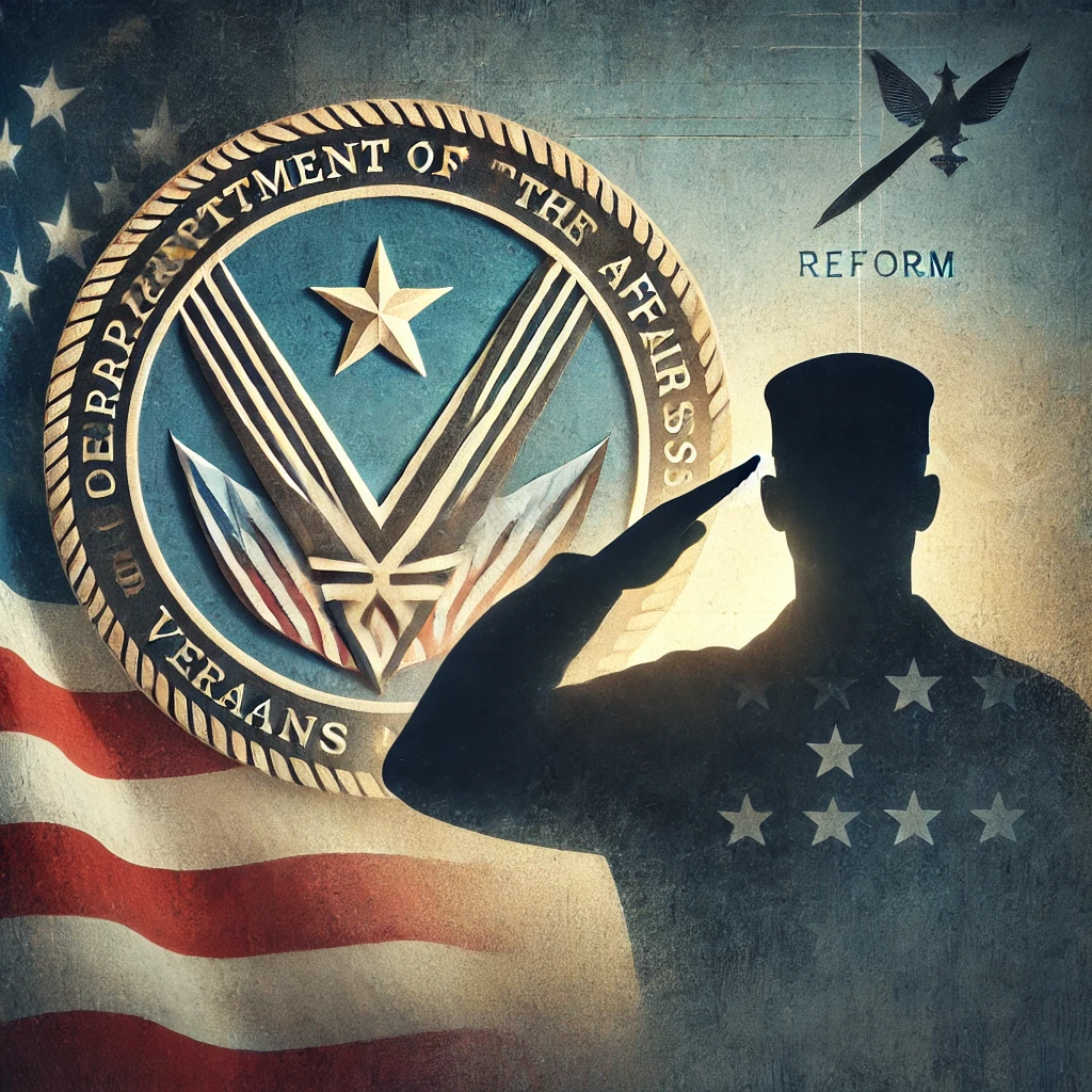 An abstract image symbolizing leadership and reform in the Department of Veterans Affairs, featuring a VA emblem and a silhouette of a saluting veteran. An American flag frames the background, with muted blue, gray, and gold tones emphasizing themes of patriotism, service, and transformation.