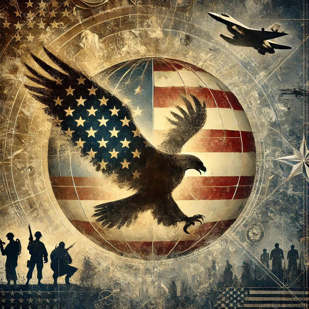 An abstract representation of national security strategy featuring an American eagle soaring over a globe with faint outlines of continents. Military silhouettes, including troops and aircraft, form the backdrop, emphasizing defense readiness and global strategy. Muted tones of gray, blue, and gold with highlights of red convey authority and international reach.