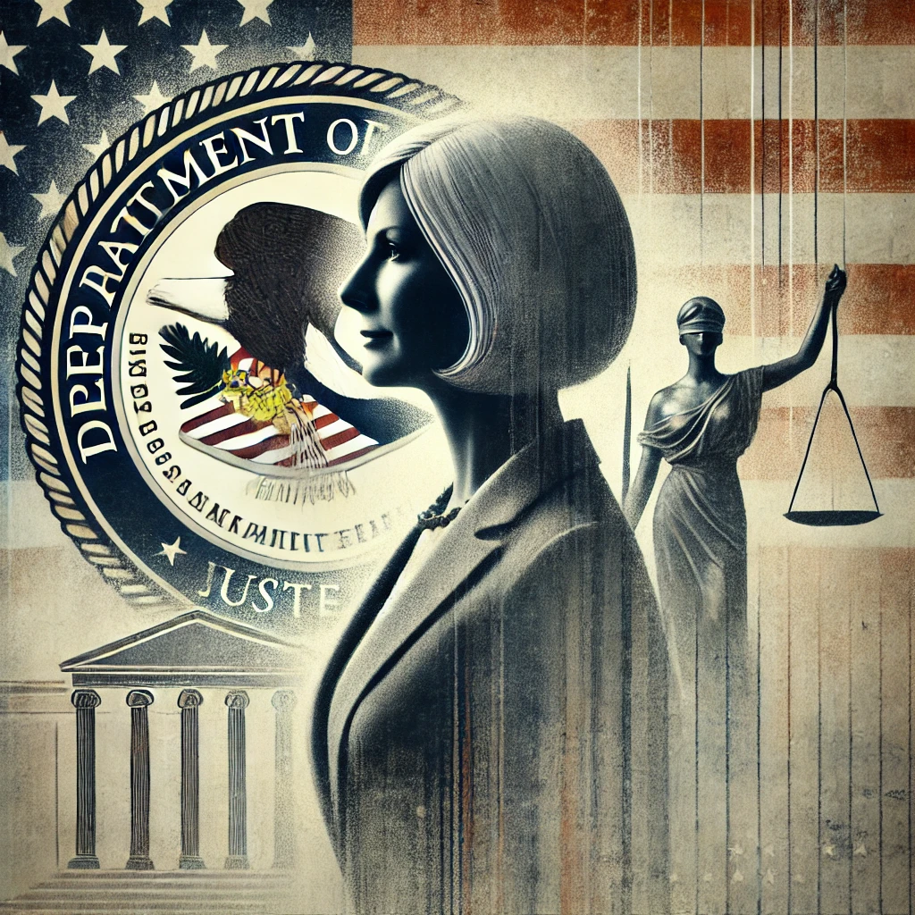 An abstract representation of Pam Bondi's nomination as U.S. Attorney General, featuring a symbolic Department of Justice seal, a female silhouette symbolizing leadership and justice, and a backdrop with scales of justice and the American flag. The muted gray, blue, and gold tones convey authority and national significance