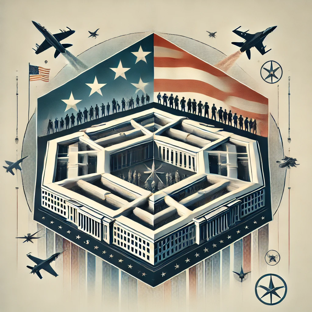 An abstract representation of U.S. military leadership and national defense, featuring a geometrically accurate Pentagon building surrounded by silhouettes of soldiers and aircraft. An American flag waves prominently in the background, symbolizing unity, national pride, and strength. The muted gray and blue tones with subtle gold highlights convey authority and tradition