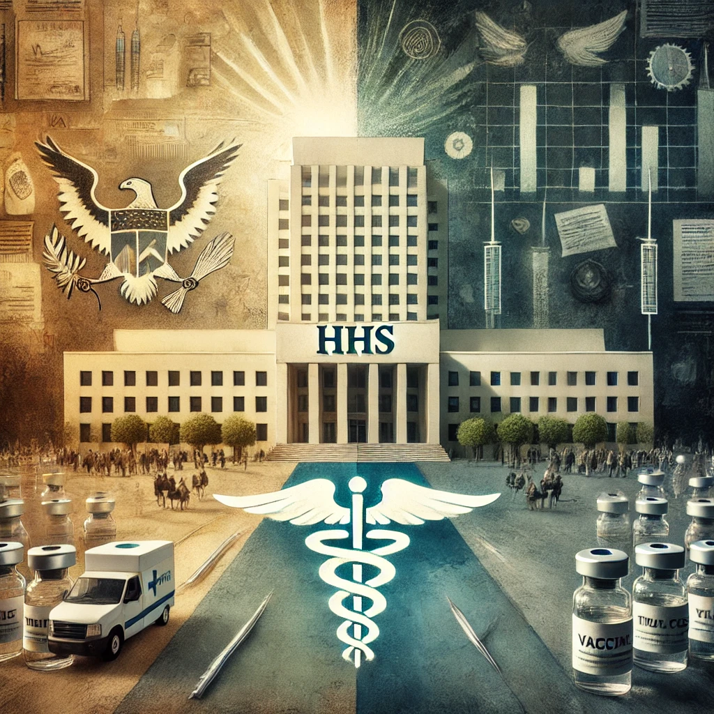 An abstract image depicting a divided Department of Health and Human Services (HHS) building. One side is bright and hopeful, symbolizing reform, while the other side is dark and chaotic, representing public health challenges and controversy. In the foreground, a caduceus symbol stands surrounded by scattered vaccine vials and documents, emphasizing the themes of healthcare transformation and debate.