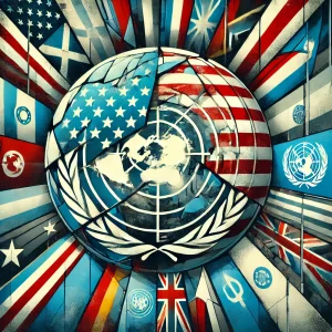 An abstract image featuring a globe at the center of a fragmented United Nations emblem, symbolizing international diplomacy and reform. Bright national flags surround the globe, with the American flag prominently displayed in the foreground, representing a dominant U.S. stance. Muted blue and gray tones with sharp red accents convey tension and authority in global relations.