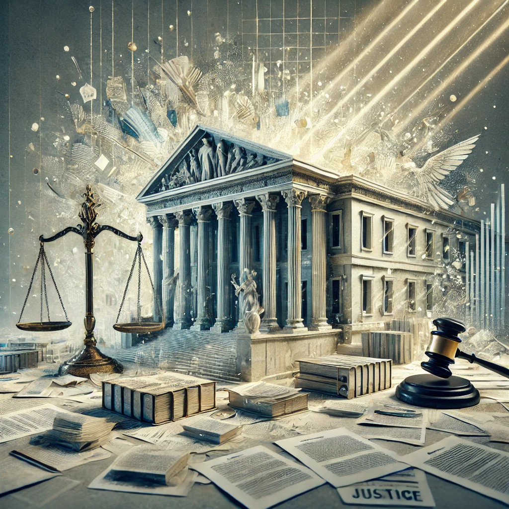 An abstract image of a grand courthouse divided by light and shadows, symbolizing conflict and reform in the justice system. A prominent scale of justice stands in the foreground, surrounded by scattered legal documents, highlighting the themes of legal reform and complexity within the Department of Justice.