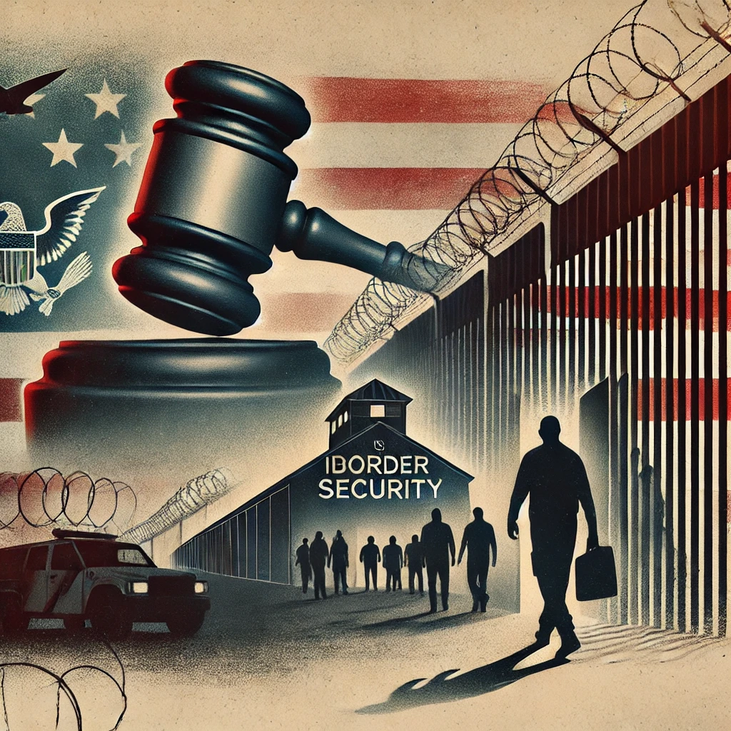 An abstract graphic symbolizing U.S. immigration enforcement and border security. It features a border wall topped with barbed wire, a gavel representing legal authority, and a shadowed figure walking toward a detention facility. The muted gray and brown tones with subtle blue and red highlights convey a tense and authoritative mood.