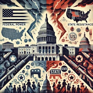 An abstract depiction of federal power versus state resistance in the U.S., featuring a stylized Capitol building, state icons, protest signs, and a divided map backdrop with lightning, symbolizing conflict and polarization."