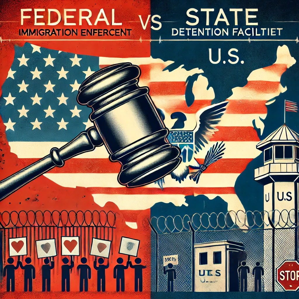 Abstract representation of federal enforcement, highlighting tension between federal power and state resistance.