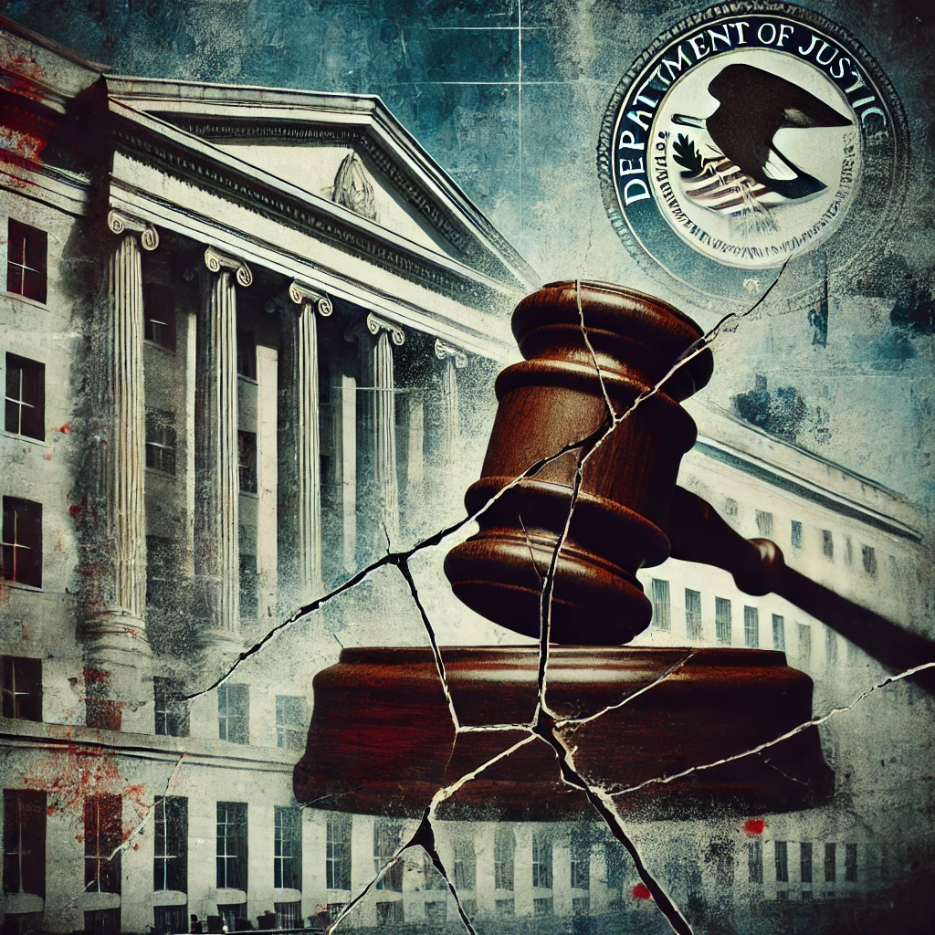 An abstract image showing a gavel prominently placed with cracks spreading across the backdrop of the Department of Justice building. The muted tones of gray and blue, accented with hints of red, symbolize conflict, scrutiny, and the potential for transformative change within the justice system.