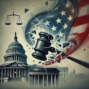 An abstract representation of political controversy and transition. The image features a symbolic gavel partially shattered, surrounded by swirling sh