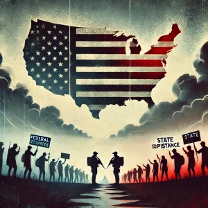 An abstract image symbolizing the fictional conflict over federal immigration enforcement and state resistance. It depicts a divided U.S. map with contrasting zones of authority and opposition, silhouettes of protestors and law enforcement facing each other under a tense, cloudy sky. Muted tones of gray and blue with hints of red evoke themes of division and conflict.