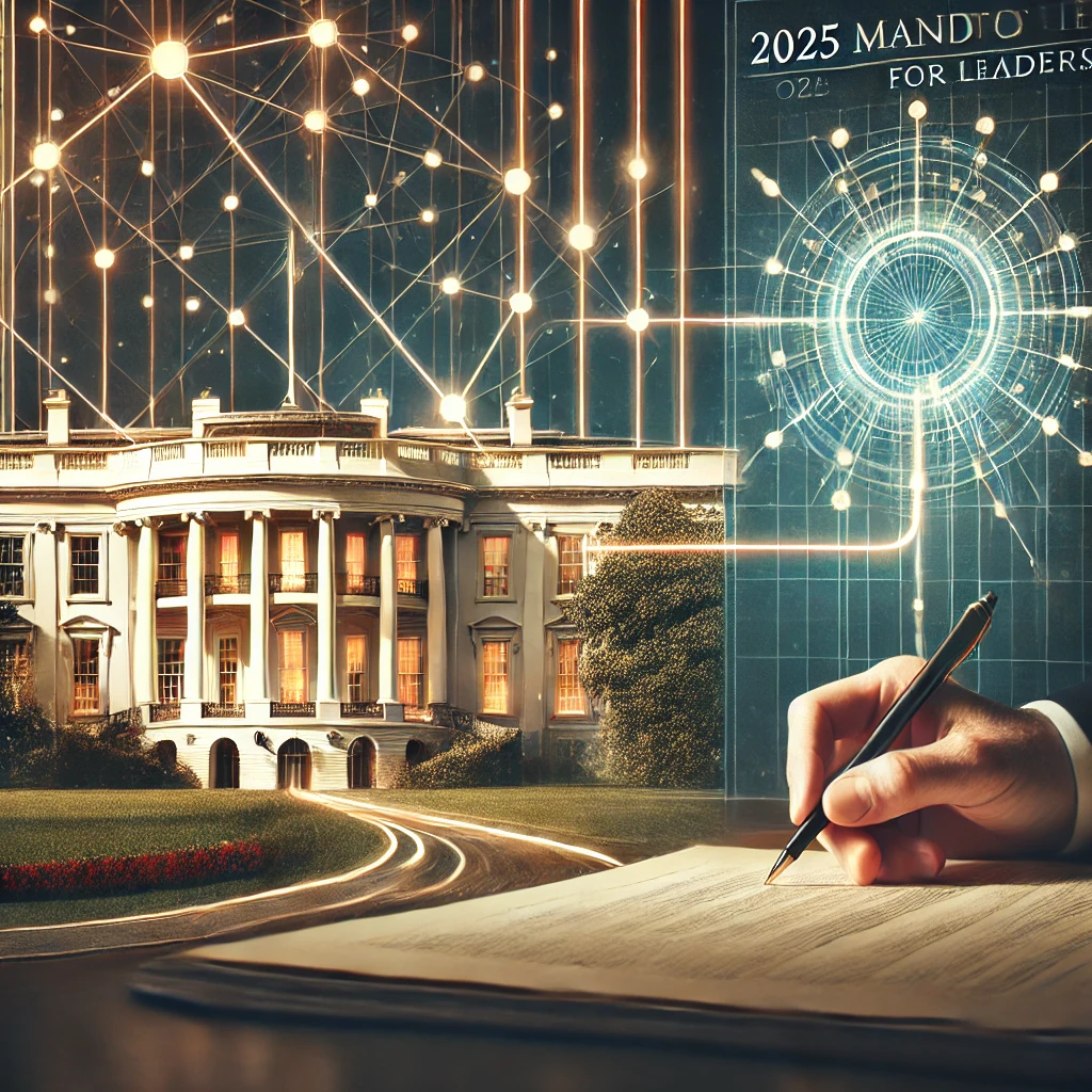 An abstract image showing the White House connected by glowing lines to a detailed document, symbolizing the 2025 Mandate for Leadership. The composition highlights themes of governance, strategy, and policy execution, with muted professional tones accented by gold and blue.