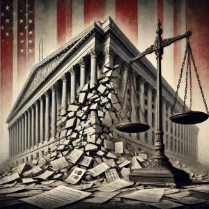 An abstract image of a stark, imposing federal building with cracks spreading across its facade, symbolizing destabilization in government reform. A tipped scale of justice in the foreground is surrounded by faded documents, representing lost protections and public services. The muted gray and red tones convey a somber and authoritarian atmosphere.