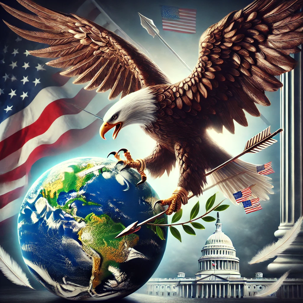 A symbolic illustration of American foreign policy, featuring a powerful American eagle soaring above a globe. The eagle clutches arrows and olive branches in its talons, representing strength and diplomacy. The globe emphasizes North America, with the U.S. Capitol in the backdrop symbolizing governmental leadership, bathed in dramatic lighting to evoke determination and authority.