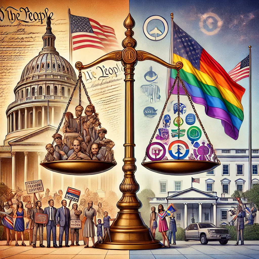 A conceptual illustration depicting the societal and governmental impact of recent executive orders. The image features a scale of justice balanced between traditional values, represented by the U.S. Constitution, American flags, and a family, and progressive causes symbolized by rainbow flags and diverse community icons. A federal government building in the background highlights the central role of policy decisions