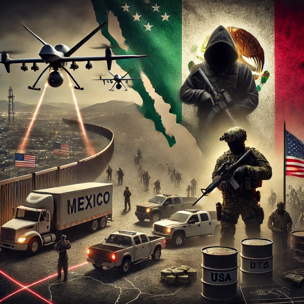 A dramatic illustration of the U.S.-Mexico border with military troops and drones patrolling under a tense atmosphere. A shadowy figure representing a cartel looms in the background, symbolizing the designation of cartels as terrorist organizations. A split U.S.-Mexico flag and maps of cross-border tension emphasize themes of security and international conflict.