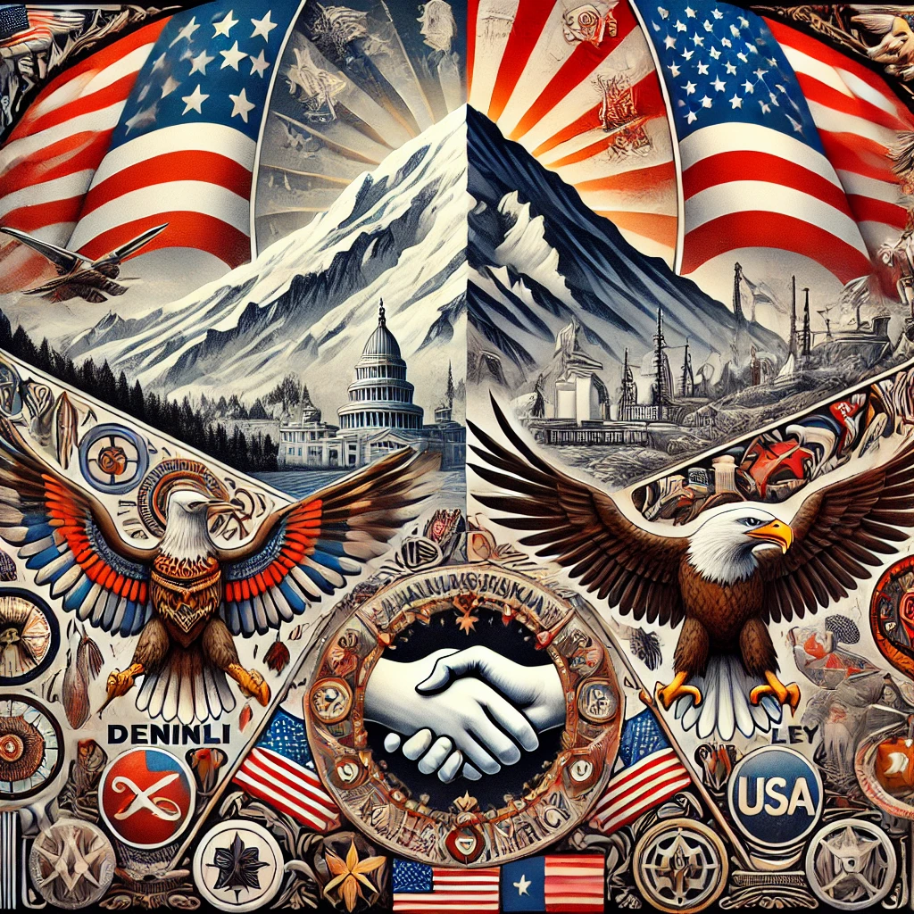 An artistic depiction of Mount McKinley (Denali) showing a split design. The left side emphasizes Alaskan native culture with traditional patterns and the label 'Denali,' while the right side highlights American patriotism with flags, eagles, and the label 'Mount McKinley.' Below the mountain, a map features the renamed 'Gulf of America,' symbolizing diplomatic tensions. The artwork conveys themes of cultural heritage, patriotism, and political symbolism.