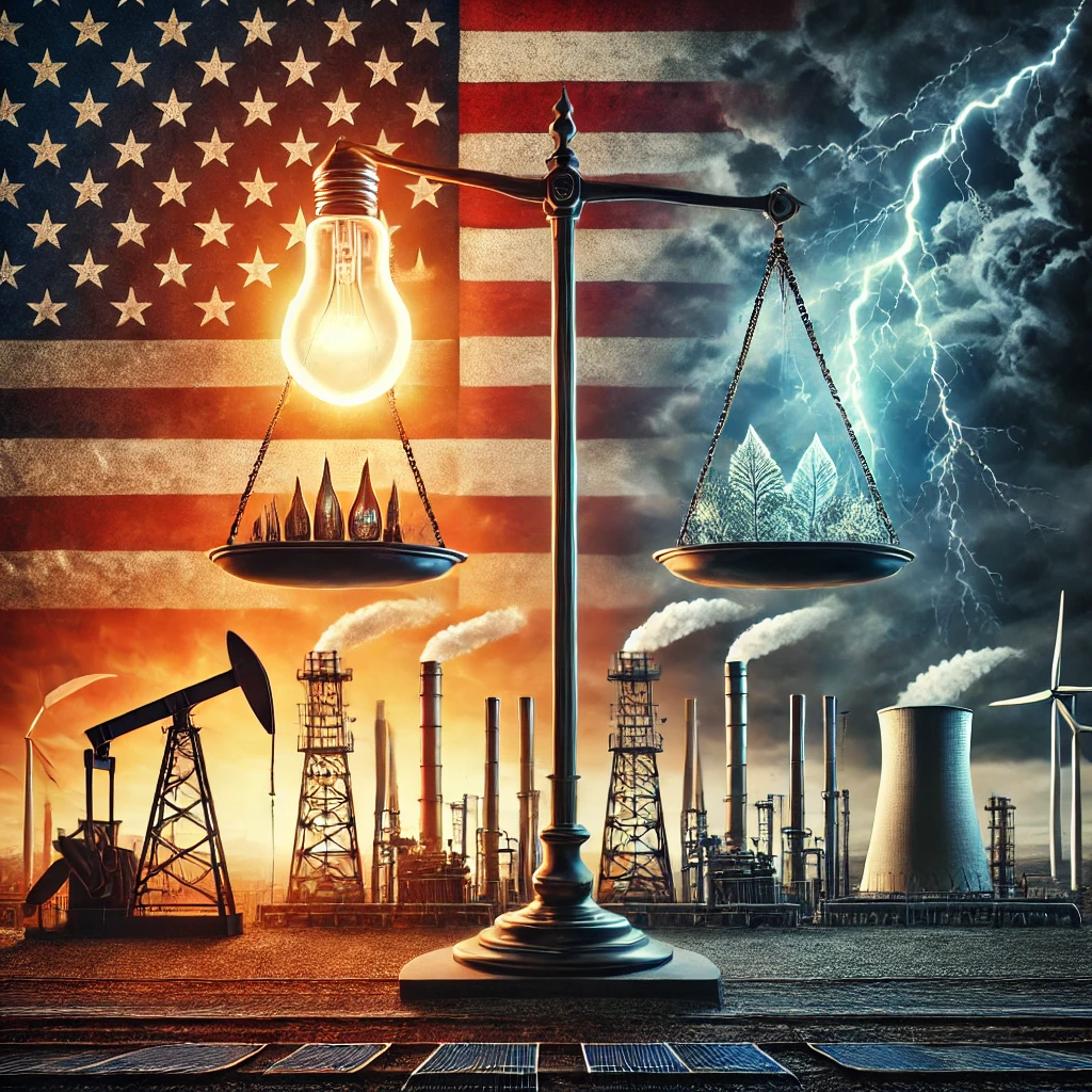 A visually striking illustration symbolizing the declaration of a national energy emergency in the United States. The image features industrial energy infrastructure like oil rigs, pipelines, and power plants set against a glowing American flag, with a balance scale in the foreground tilting between a glowing light bulb and a tree, under dramatic stormy skies.