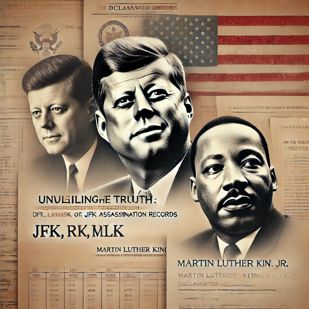 Illustration of declassified documents with faded images of JFK, RFK, and MLK, symbolizing historical transparency and unveiling long-hidden truths.