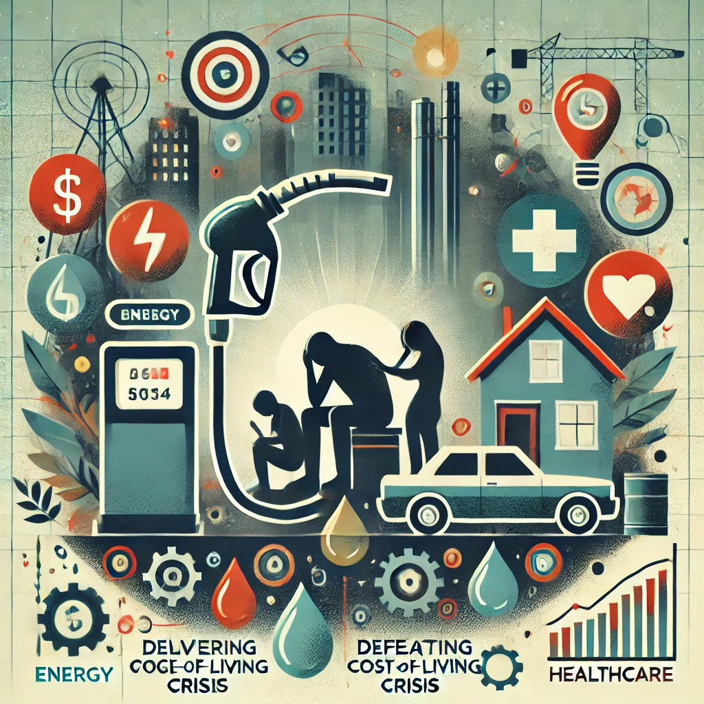 Illustration of a distressed family in a cityscape surrounded by icons representing energy, housing, and healthcare. Elements include a gas pump, a stethoscope, and housing under construction, symbolizing economic strain and hope for relief.