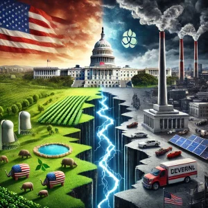 An evocative illustration showing a divided United States symbolizing the polarization between progressive and traditionalist ideologies The image features a split landscape one side showcasing diverse communities green energy and innovation while the other emphasizes industrial infrastructure and traditional values In the background the Capitol building looms under stormy skies reflecting political tensions and uncertainty