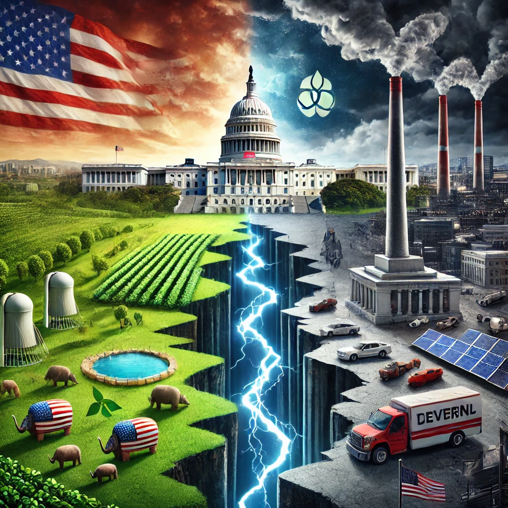 An evocative illustration showing a divided United States, symbolizing the polarization between progressive and traditionalist ideologies. The image features a split landscape: one side showcasing diverse communities, green energy, and innovation, while the other emphasizes industrial infrastructure and traditional values. In the background, the Capitol building looms under stormy skies, reflecting political tensions and uncertainty.