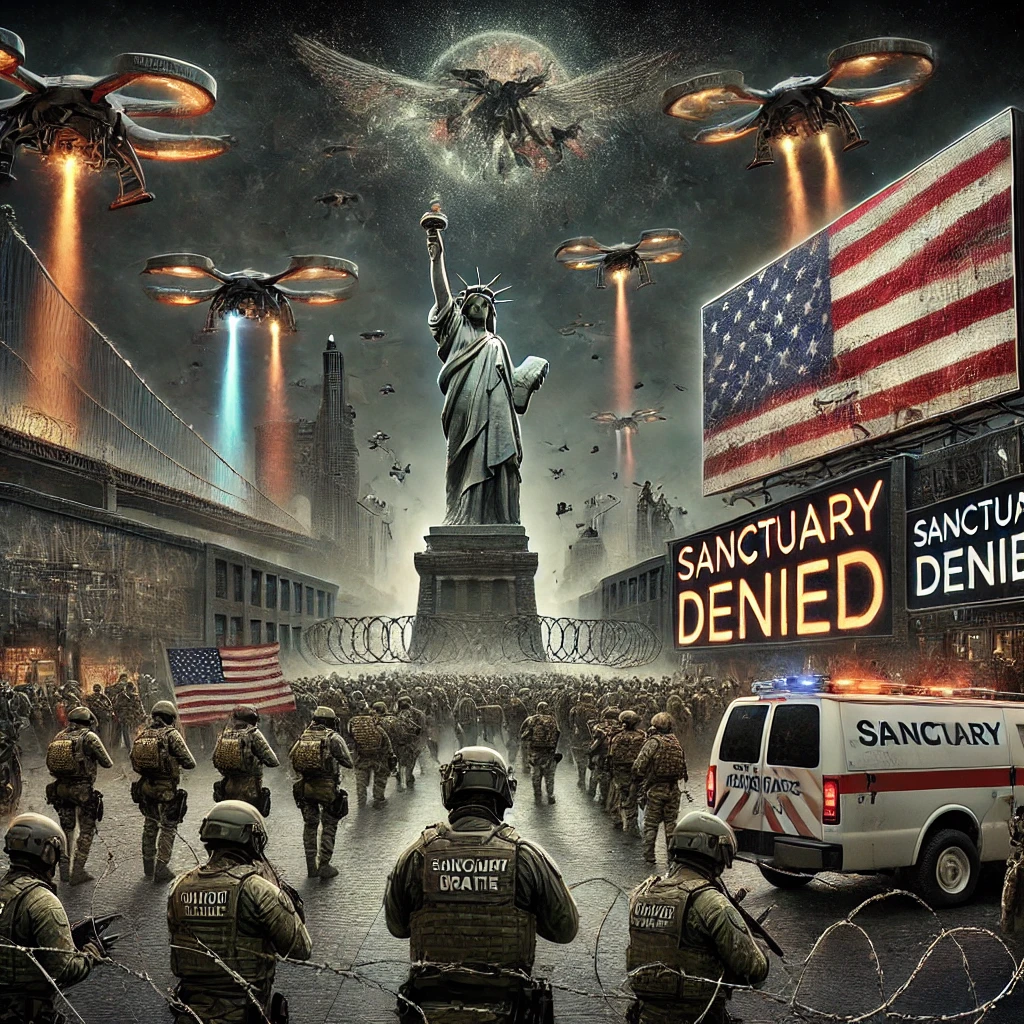 A dystopian future where the U.S. government uses military forces for mass deportations. The image depicts armed federal agents, surveillance drones, and protesters silenced by riot police. In the background, the Statue of Liberty fades into darkness as government propaganda flashes on digital billboards, reinforcing state control. A sign reads 'Sanctuary Denied,' emphasizing the suppression of local resistance. The overall tone is ominous, symbolizing the erosion of democracy.