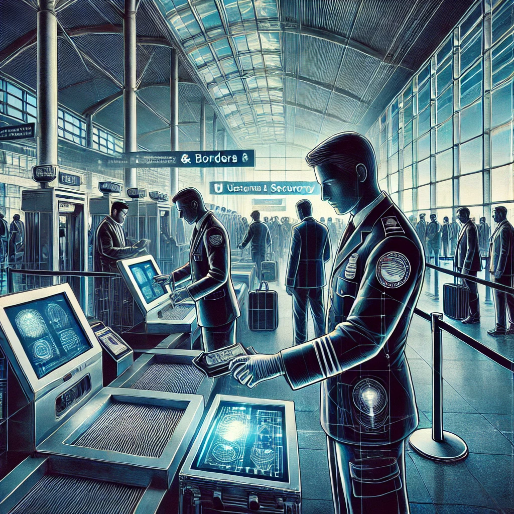 detailed illustration showing U.S. customs and border agents at an international airport conducting advanced biometric screenings. Agents use facial recognition scanners and fingerprint devices to verify travel documents in a modern airport terminal with signage and travelers in the background. The scene emphasizes heightened national security.