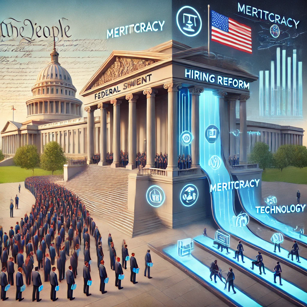 A conceptual illustration of a federal government building symbolizing hiring reforms. On the left, a line of diverse applicants represents the traditional hiring process. On the right, a modernized system features digital platforms and data analytics. The U.S. Constitution and an American flag in the background highlight themes of meritocracy, efficiency, and adherence to foundational values.