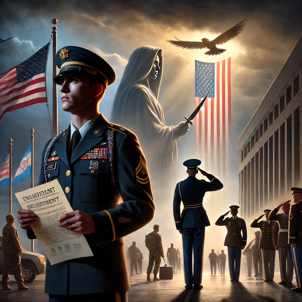 A digital painting depicting a solemn transgender soldier in uniform holding a torn enlistment paper, gazing toward a distant American flag with sadness and resilience. Behind them, a towering military officer in shadow points toward an exit, symbolizing their forced exclusion. In the background, other transgender service members walk away, some removing their uniforms, representing their involuntary departure. A dark government building looms in the distance under a stormy sky, symbolizing authoritarian policy changes. A small ray of light breaks through, signifying defiance and hope in the face of adversity.