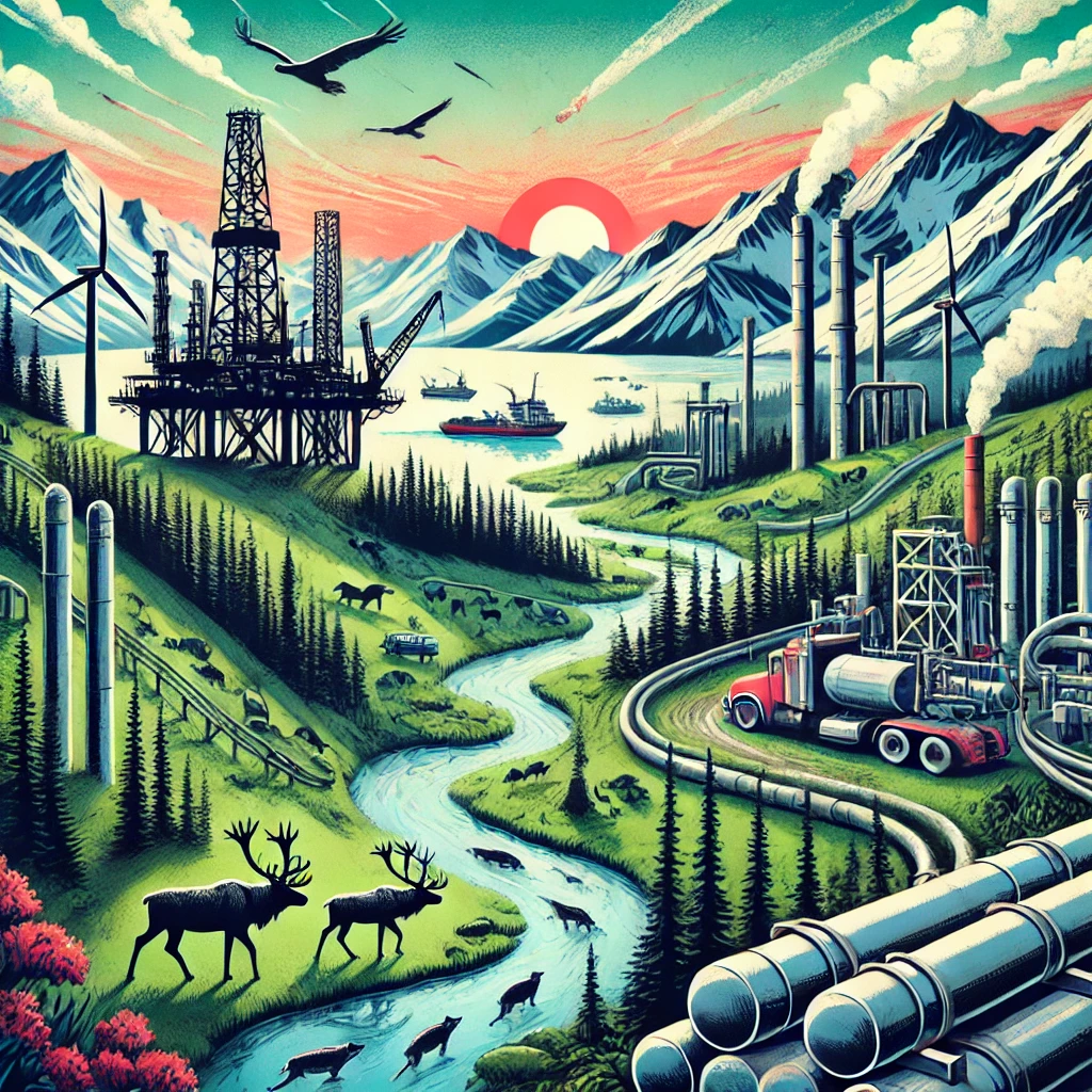 A symbolic representation of Alaska's natural resource development potential, featuring oil rigs, LNG facilities, and pipelines integrated into pristine wilderness. The illustration depicts mountains, forests, wildlife, and industrial elements under a vibrant Alaskan sky, highlighting the tension between economic growth and environmental conservation.