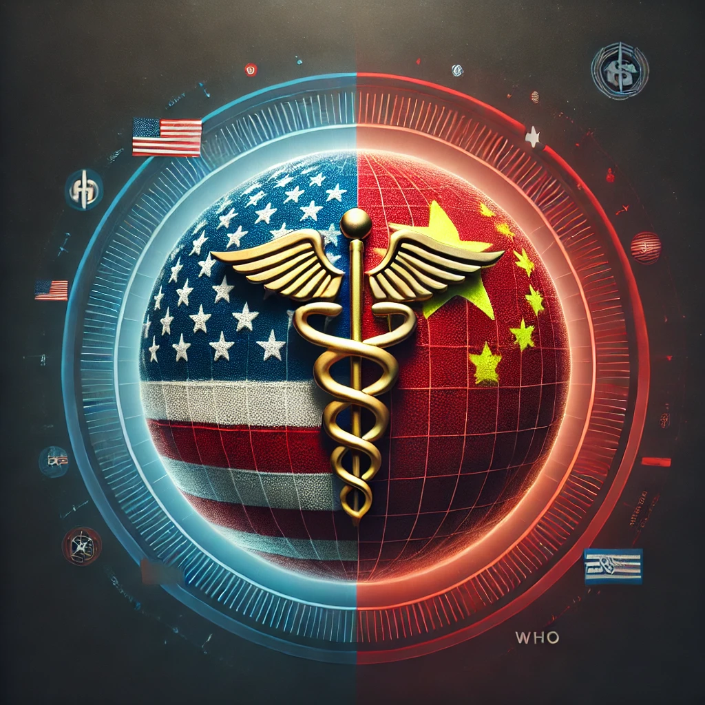 "Illustration of a split globe with a caduceus symbol and the American flag withdrawing, symbolizing the U.S. exit from the World Health Organization, with China stepping into a leadership role.