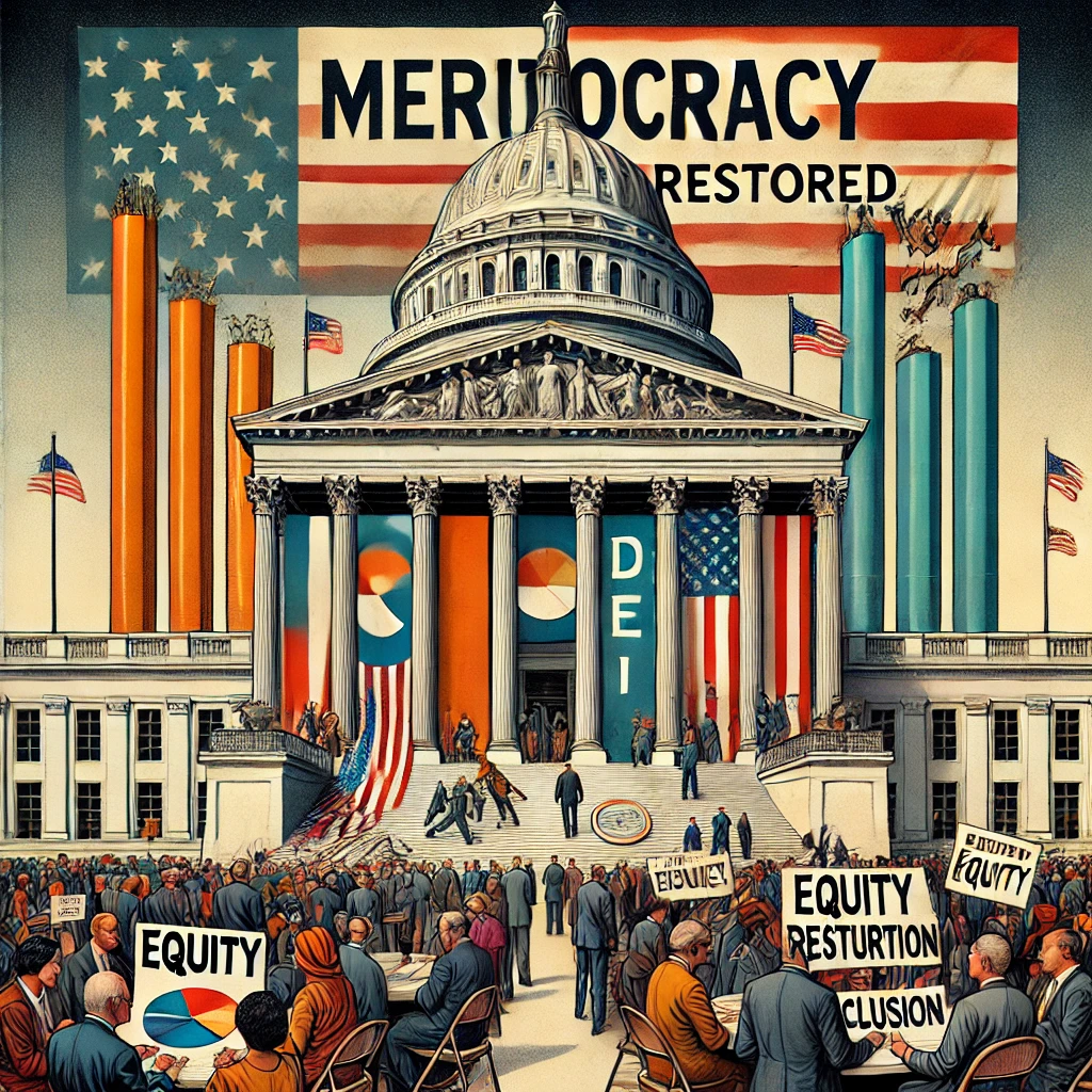 A symbolic image depicting federal government reforms to dismantle diversity, equity, and inclusion (DEI) programs. A grand government building with a banner reading 'Meritocracy Restored' is shown, while DEI-related documents labeled 'Equity' and 'Inclusion' are being symbolically shredded. The foreground features a divided group of individuals, with some advocating for merit-based policies and others protesting for equity and inclusion. A partially split American flag in the background highlights national division.