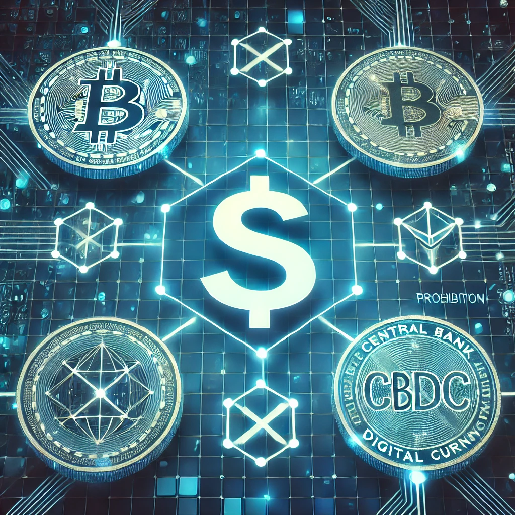 Illustration of blockchain networks with the U.S. dollar symbol, highlighting digital innovation and prohibition of Central Bank Digital Currencies (CBDCs).