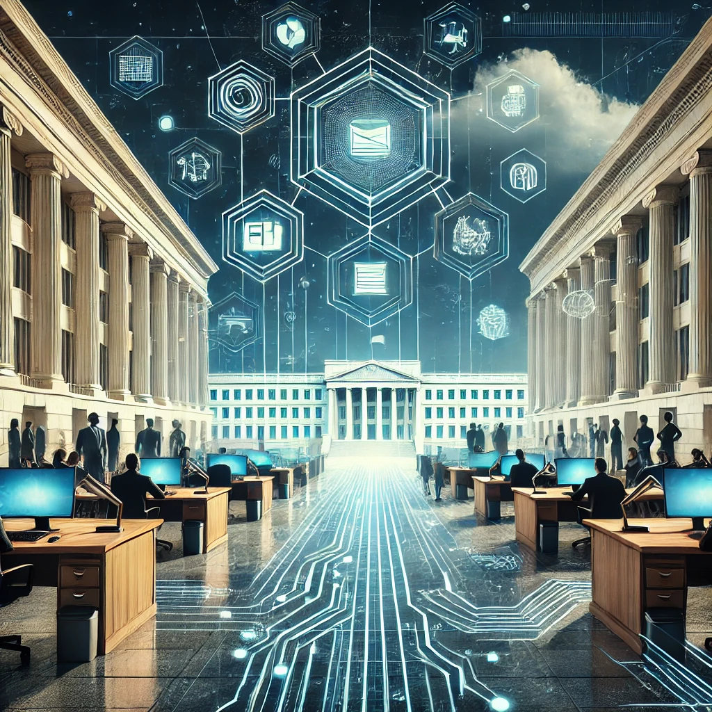 A conceptual illustration of a government office, symbolizing modernization and efficiency, showcasing interconnected digital networks, streamlined workflows, and collaborative technology-focused teams. The image reflects advanced software and technological innovation in a futuristic and professional aesthetic, set against a federal building backdrop.