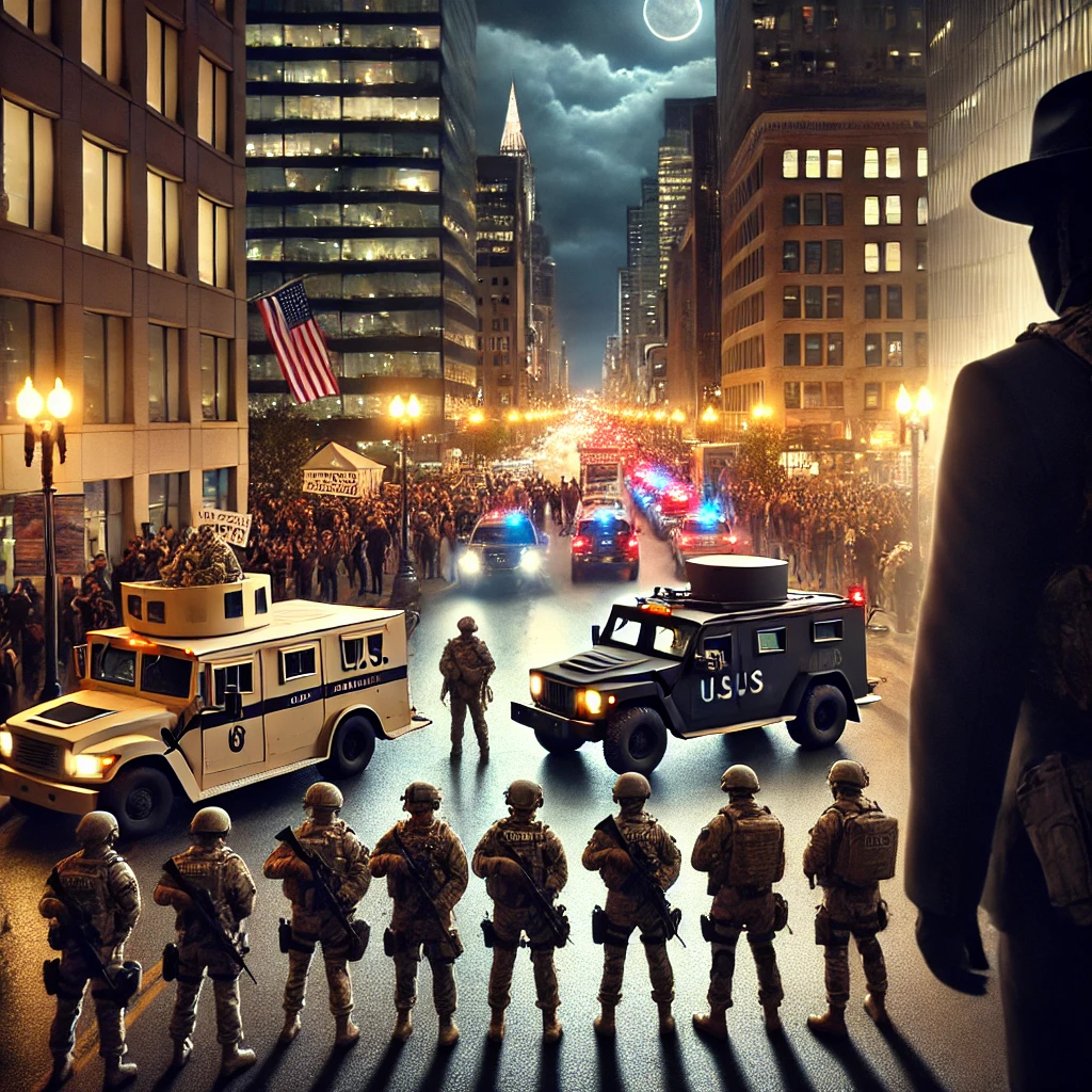 A dramatic scene of U.S. military troops deployed on American city streets at dusk. Soldiers in full tactical gear stand alongside National Guard troops, with armored vehicles in the background. Protesters in the distance hold signs, while emergency lights illuminate the city buildings. A shadowy figure in a suit watches from a high-rise window, symbolizing executive authority and the looming presence of martial law.