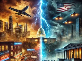 A dramatic digital painting of a divided United States, symbolizing the battle between democracy and authoritarianism. On one side, a bright and free society thrives, while the other is engulfed in darkness and oppression. The image represents the uncertain future of America, where political, social, and ideological divides shape the nation's destiny.