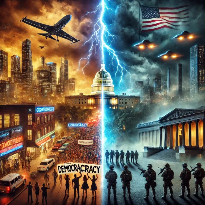 A dramatic digital painting of a divided United States, symbolizing the battle between democracy and authoritarianism. On one side, a bright and free society thrives, while the other is engulfed in darkness and oppression. The image represents the uncertain future of America, where political, social, and ideological divides shape the nation's destiny.