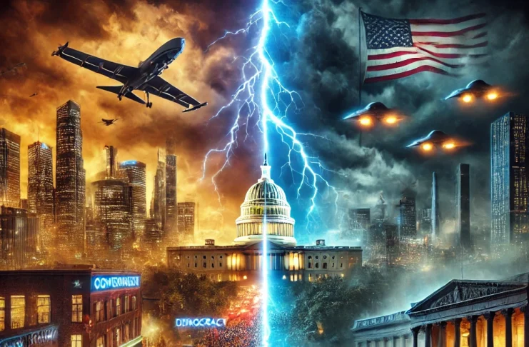 A dramatic digital painting of a divided United States, symbolizing the battle between democracy and authoritarianism. On one side, a bright and free society thrives, while the other is engulfed in darkness and oppression. The image represents the uncertain future of America, where political, social, and ideological divides shape the nation's destiny.