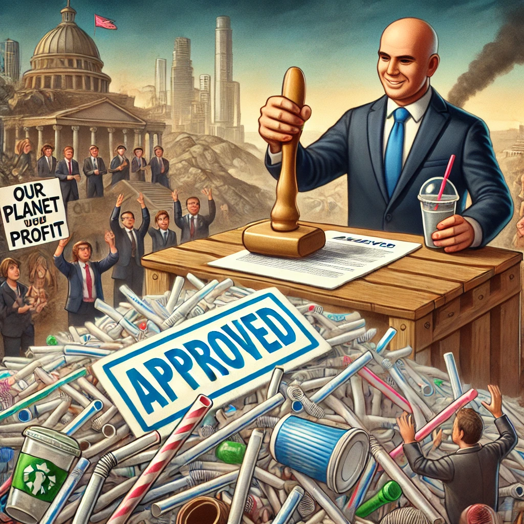 A landfill overflowing with plastic straws stretches across the scene, with a government official in a suit stamping "APPROVED" on a large shipment of single-use plastics. In the background, environmental protesters hold signs that read "Our Planet Over Profit," while corporate executives in suits toast with plastic cups. The sky is overcast, symbolizing the looming environmental consequences, while the contrast between the protesters and the officials highlights the tension between sustainability efforts and government deregulation.