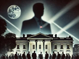 A dramatic illustration of the White House at night with shadowy figures representing hidden power, symbolizing executive influence and political control in the 2025 Trump administration.