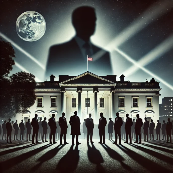 A dramatic illustration of the White House at night with shadowy figures representing hidden power, symbolizing executive influence and political control in the 2025 Trump administration.