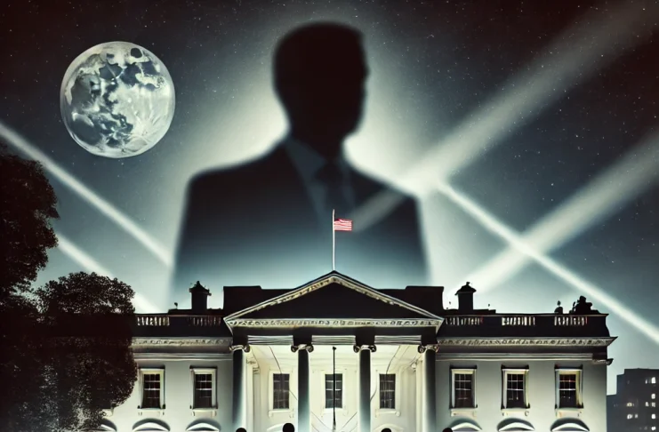 A dramatic illustration of the White House at night with shadowy figures representing hidden power, symbolizing executive influence and political control in the 2025 Trump administration.