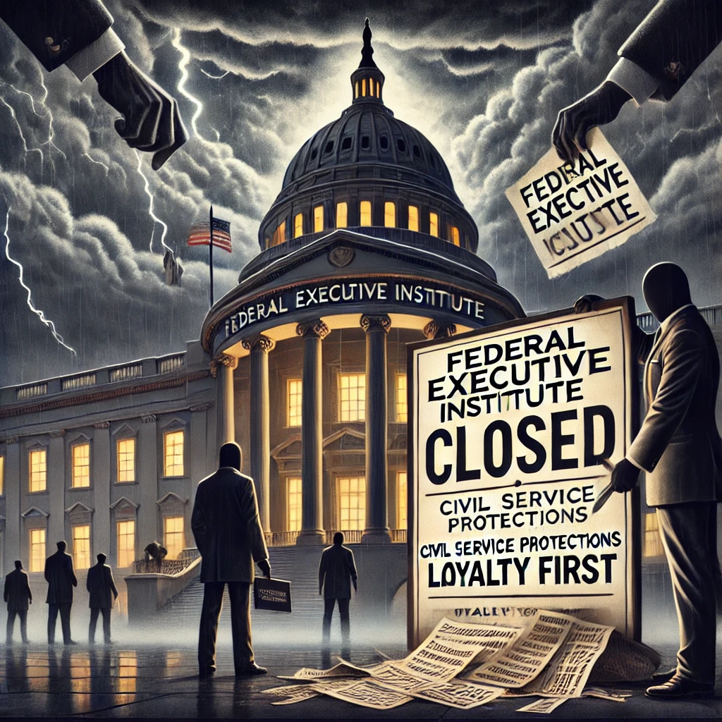 "A symbolic digital painting of the Federal Executive Institute being closed. A grand government building has a sign reading 'Federal Executive Institute - Closed.' Dark figures in suits lock the doors while a storm brews overhead, symbolizing uncertainty in federal governance. In the background, the Capitol building is partially obscured by ominous clouds. One figure holds a shredded document labeled 'Civil Service Protections,' while another installs a new plaque that reads 'Loyalty First.' The atmosphere is tense, representing the dismantling of expertise and the rise of political control over federal leadership.