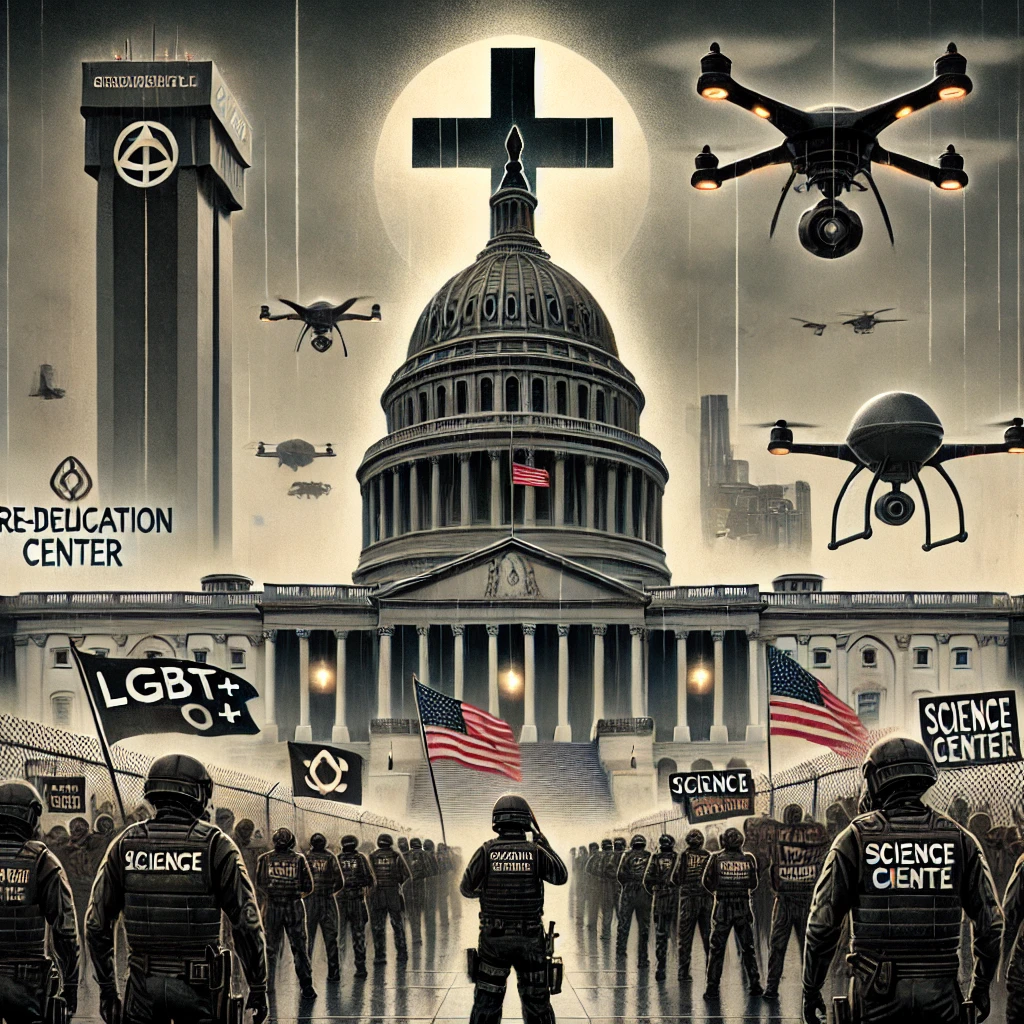 A dystopian illustration depicting the United States under religious authoritarian rule. The Capitol building is overshadowed by a large cross, symbolizing the fusion of church and state. Protesters in the foreground hold LGBTQ+ flags, science symbols, and feminist signs, facing off against riot police adorned with religious insignias. Surveillance drones hover above, while a detention facility labeled 'Re-Education Center' looms in the background, representing state suppression of dissent. The overall scene conveys a loss of democracy, civil rights, and personal freedoms.