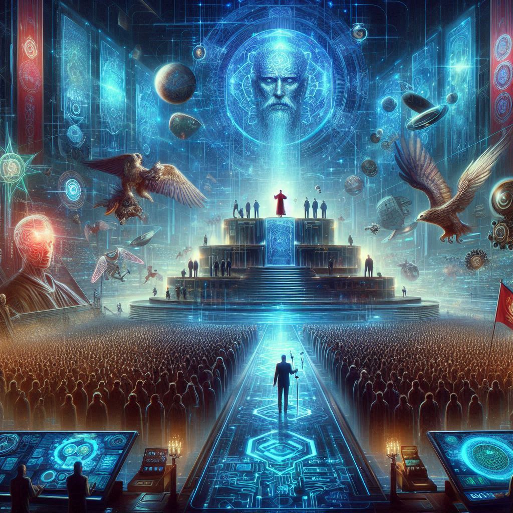 A futuristic, dystopian digital painting depicting a grand, towering structure where a robed figure stands elevated above a massive crowd. Glowing blue holographic projections of a powerful, bearded face hover in the sky, surrounded by celestial objects, advanced technology, and digital symbols. The scene is illuminated with an eerie blue glow, with cybernetic enhancements visible on individuals, symbolizing technological control. Large eagles with metallic elements soar through the air, adding an ominous and prophetic atmosphere. The crowd, uniform and faceless, stretches into the distance, suggesting a society under centralized authority, surveillance, and worship. In the foreground, digital control panels are manned by figures, further reinforcing themes of artificial intelligence, governance, and prophecy.