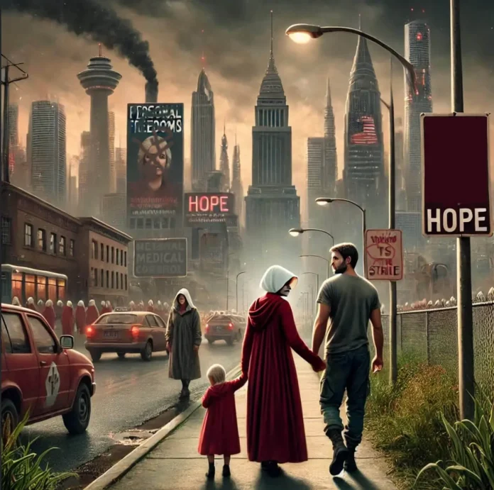 A dystopian cityscape looms in the background, dominated by towering skyscrapers with an eerie, authoritarian presence. Smoke rises from industrial chimneys, and massive propaganda billboards enforce strict social control. One sign reads "Personal Freedoms" under the image of a stern-looking woman, while another says "Medical Control." A group of women dressed in red cloaks and white bonnets, resembling the imagery from The Handmaid’s Tale, walk in formation along the street, reinforcing the oppressive atmosphere. In the foreground, a small family is seen walking away from the city. A woman, dressed in a red cloak, holds the hand of a young child in a matching outfit, while a man walks beside them, looking back at the city with unease. Their body language conveys exhaustion, fear, and quiet determination. A weathered signpost stands at the edge of the road, with the word "HOPE" directing them toward an uncertain but promising future. The lighting is dim, with a mixture of artificial streetlights and a foreboding sky casting long shadows over the cracked pavement. The overall mood is one of tension, escape, and the search for freedom beyond the dystopian landscape they are leaving behind.