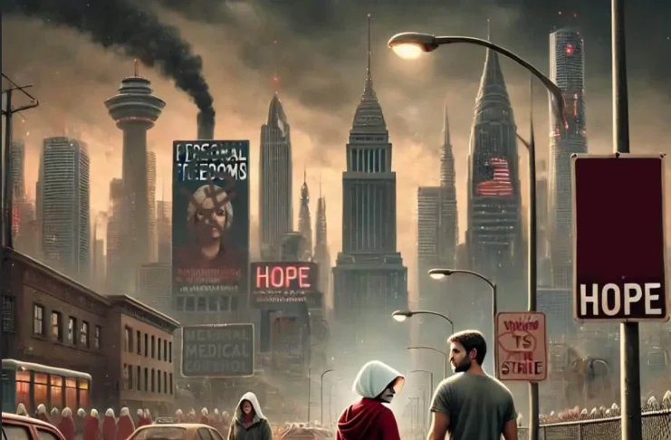 A dystopian cityscape looms in the background, dominated by towering skyscrapers with an eerie, authoritarian presence. Smoke rises from industrial chimneys, and massive propaganda billboards enforce strict social control. One sign reads "Personal Freedoms" under the image of a stern-looking woman, while another says "Medical Control." A group of women dressed in red cloaks and white bonnets, resembling the imagery from The Handmaid’s Tale, walk in formation along the street, reinforcing the oppressive atmosphere. In the foreground, a small family is seen walking away from the city. A woman, dressed in a red cloak, holds the hand of a young child in a matching outfit, while a man walks beside them, looking back at the city with unease. Their body language conveys exhaustion, fear, and quiet determination. A weathered signpost stands at the edge of the road, with the word "HOPE" directing them toward an uncertain but promising future. The lighting is dim, with a mixture of artificial streetlights and a foreboding sky casting long shadows over the cracked pavement. The overall mood is one of tension, escape, and the search for freedom beyond the dystopian landscape they are leaving behind.