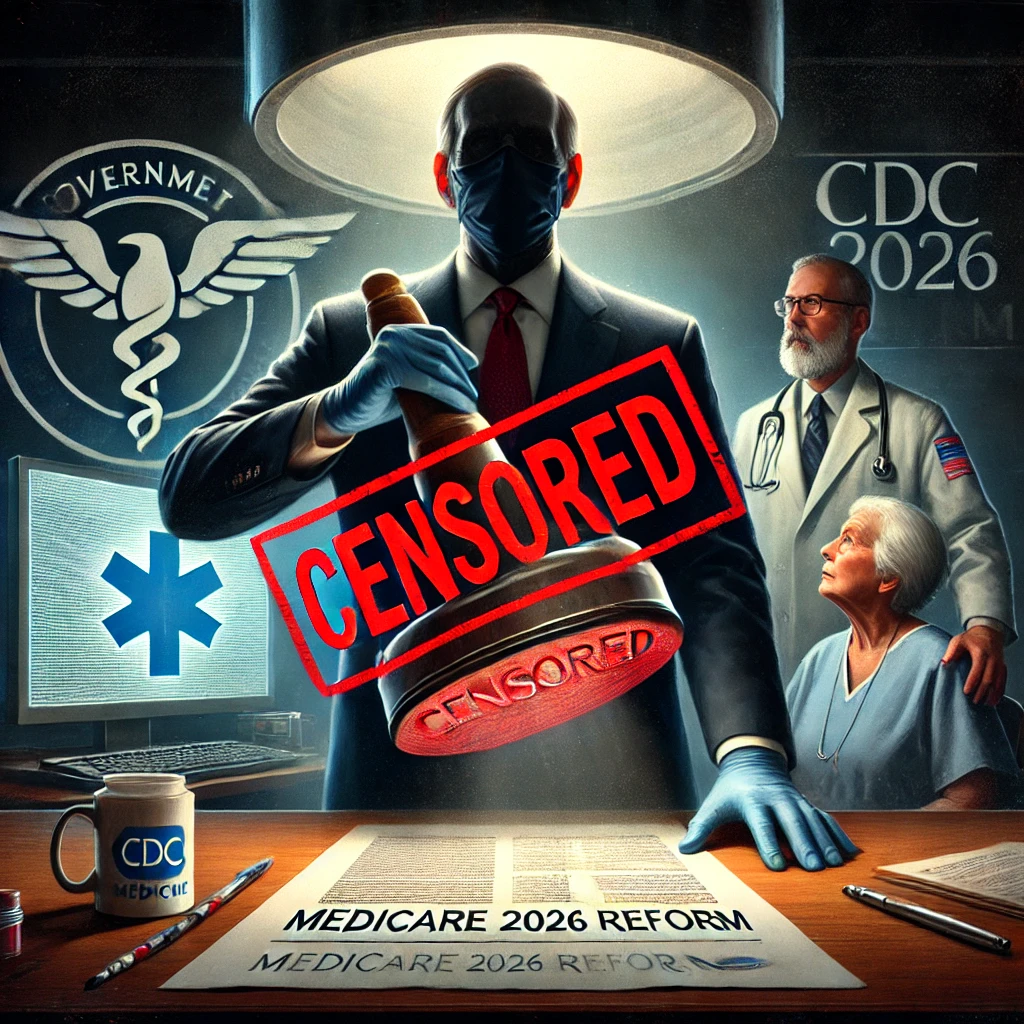 A dramatic digital painting illustrating government censorship over healthcare. The image features a government official in a dark suit holding a large red 'CENSORED' stamp over a document labeled 'Medicare 2026 Reform.' In the background, a doctor and an elderly patient look concerned, while a computer screen displaying the CDC and Medicare logos fades into static, symbolizing the suppression of public health information. The dim lighting and serious expressions convey an atmosphere of secrecy and control, emphasizing the theme of government interference in healthcare transparency.