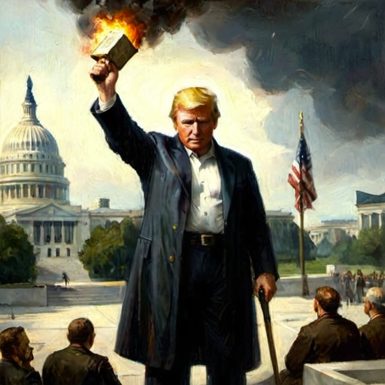 A dramatic and symbolic digital painting of former President Donald Trump standing in front of the U.S. Capitol. He holds a burning book high in the air, with dark smoke rising into the sky. His expression is stern and authoritative, and he wears a long dark coat while gripping a cane in his other hand. In the background, the American flag flies while ominous clouds gather over the Capitol, partially obscuring its dome. In the foreground, a group of seated men watches him intently, their expressions unclear—either in reverence or silent concern. The overall color palette is muted and moody, with warm flames contrasting against the stormy, overcast sky. The image evokes themes of authoritarianism, political power, and the fusion of religion and governance.